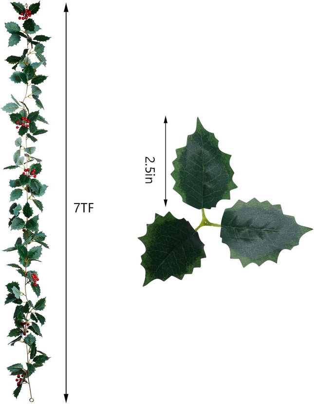 jiebor Christmas Garland Red Berry Green Leaf Garland Artificial Holly Leaves Garland for Christmas Tree Mantle Fireplace Winter Holiday Home Outdoor Indoor Front Door Window Wall Decorations 5.7Ft