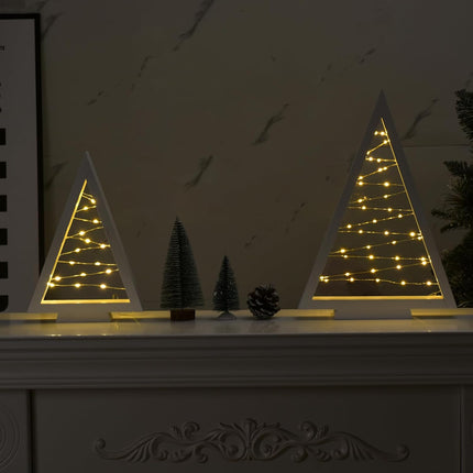 Lighted Christmas Tabletop Decorations, 2Pcs LED Lights Wooden Christmas Tree Table Decor Battery Operated Wood Craft Light Up Ornament for Holiday Winter Party Desk Home Mantel Display Xmas (White)