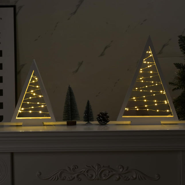 Lighted Christmas Tabletop Decorations, 2Pcs LED Lights Wooden Christmas Tree Table Decor Battery Operated Wood Craft Light Up Ornament for Holiday Winter Party Desk Home Mantel Display Xmas (White)