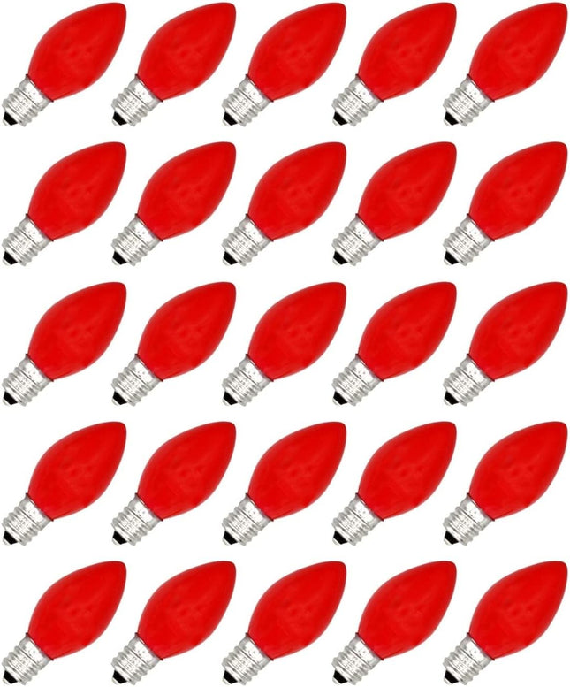 25 Pack C7 LED Red Replacement Light Bulbs for Christmas Light Strings, 0.7W Ceramic LED Vintage Light Bulbs for C7 Outdoor String Lights, Candle Lamps, Night Lights, E12 Candelabra Base