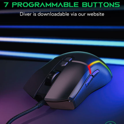 Black Shark Gaming Mouse Wired, USB Computer Ergonomic Mouse with 7 Adjustable DPI Up to 10,000, 7 Programmable Buttons, 5 Modes RGB Backlight, Optical Gamer Mice for Windows PC Laptop Mac