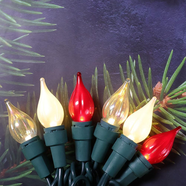 Red White C3 Flame Christmas Lights Outdoor 50 LED Plug in Waterproof Extendable Green Wire for Indoor Patio Xmas Thanksgiving Tree Decoration