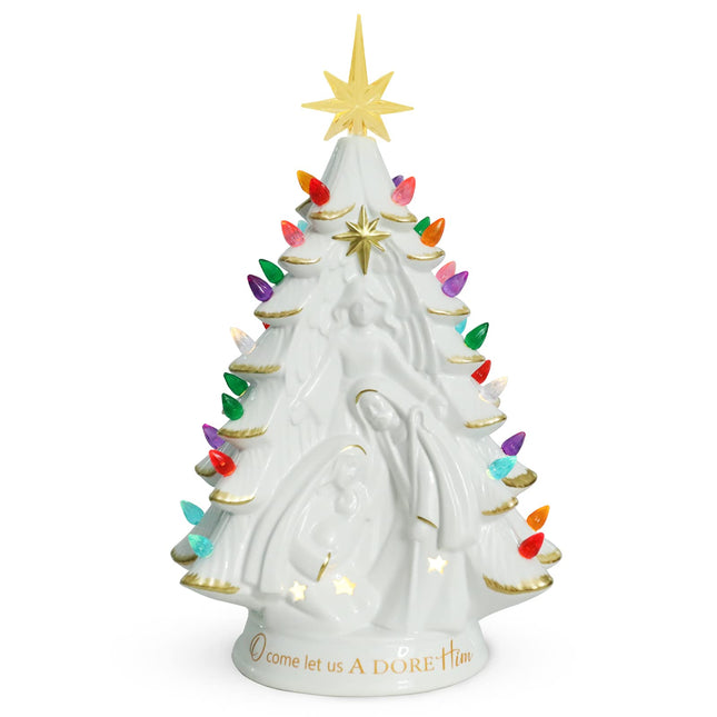 Bdor White Ceramic Christmas Tree, 14.6" Vintage Ceramic Christmas Tree with Sculpted Nativity Scene Figures, with Multi-Color Lights, Light up Christmas Tree for Home Decor