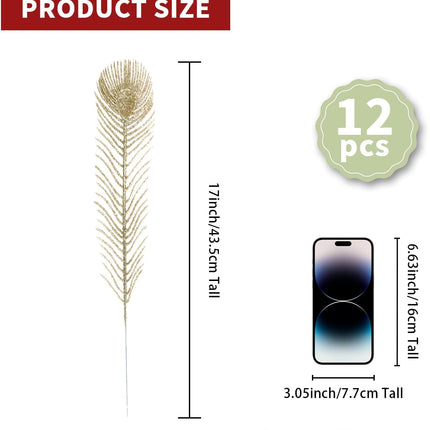 12 Pieces Artificial Peacock Feather Glitter Leaves Christmas Picks Sprays for Xmas Tree Decoration Vase Filler Flower Arrangment Christmas Wreath DIY Crafts Decor (Champagne)