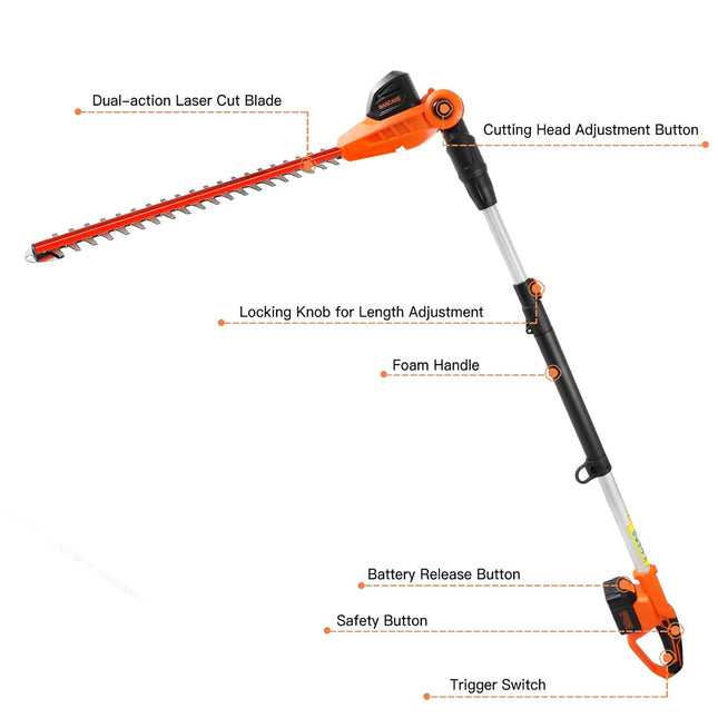 GARCARE Cordless Pole Hedge Trimmer Telescopic Long Reach Hedge Clippers 20V 4.0Ah Li-ion Battery Electric Bush Trimmer 18" Cutting Blade, 16mm Cutting Space with Extension Pole