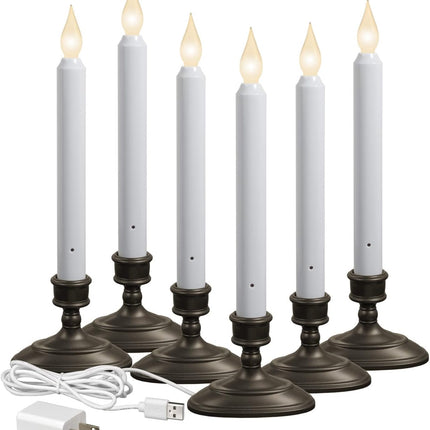 FPC1370A-6 LED Plug-in Window Candle with Hot Spot Technology Dusk to Dawn Sensor and Choose Warm or White Flame, Aged Bronze/Black, Pack of 6