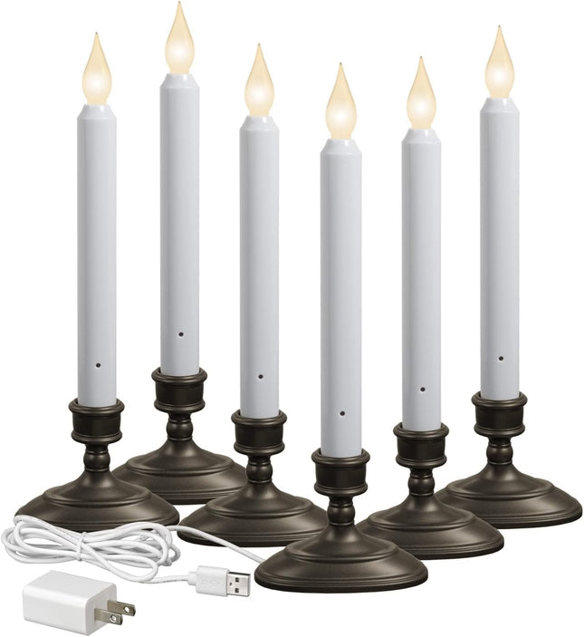 FPC1370A-6 LED Plug-in Window Candle with Hot Spot Technology Dusk to Dawn Sensor and Choose Warm or White Flame, Aged Bronze/Black, Pack of 6