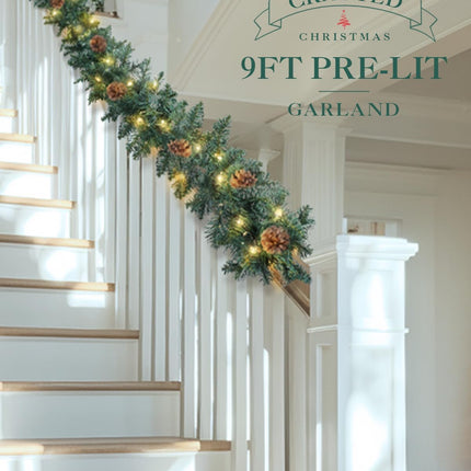 9FT Prelit Christmas Garland - with Pine Cone, Battery Operated Garland with Timer, Artificial Holiday Decor for Mantle Stairs Door Indoor Outdoor