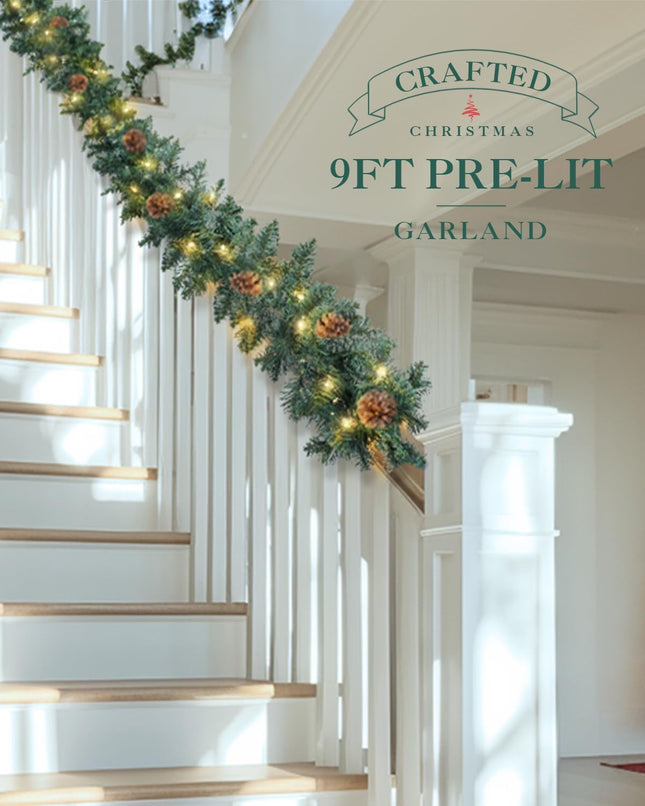 9FT Prelit Christmas Garland - with Pine Cone, Battery Operated Garland with Timer, Artificial Holiday Decor for Mantle Stairs Door Indoor Outdoor
