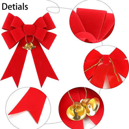 MCPINKY Christmas Bows Decor, 9 X 12 Inches Christmas Red Velvet Bows 3PCS Christmas Tree Crafts with Jingle Bells and Ribbon for Christmas Wreath Box Holiday Christmas Day Decorations