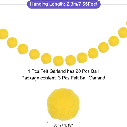 MECCANIXITY 3Pcs Felt Ball Garland Yellow Pom Pom Garland Handing Balls 7.55 Feet Long 20 Balls Party Banner Decor for Christmas Birthday Party Decoration