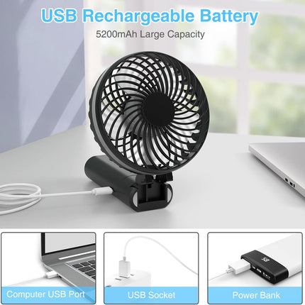 Personal Handheld Fan, Portable Usb Rechargeable Battery Operated Desk Fan With 5200Mah Power Bank Led Screen Function, 5 Speeds