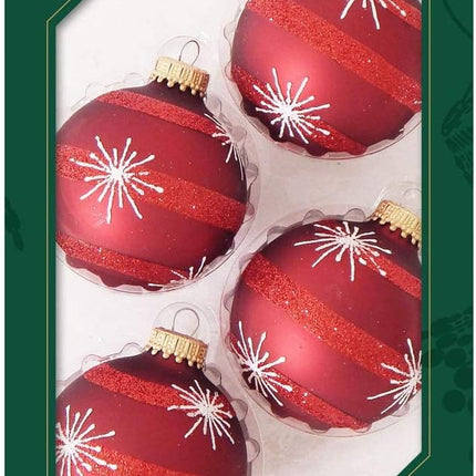 Glass Christmas Tree Ornaments - 67mm/2.63" [4 Pieces] Decorated Balls from Christmas by Krebs Seamless Hanging Holiday Decor (Red Velvet with Starbursts and Stripes)