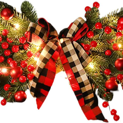 27.6 Inch Artificial Christmas Swag,Winter Pine Needles Decoration Swag with Ribbon Bow and Red Berry,Front Door Decor Christmas Wreath-with lamp
