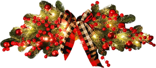 27.6 Inch Artificial Christmas Swag,Winter Pine Needles Decoration Swag with Ribbon Bow and Red Berry,Front Door Decor Christmas Wreath-with lamp