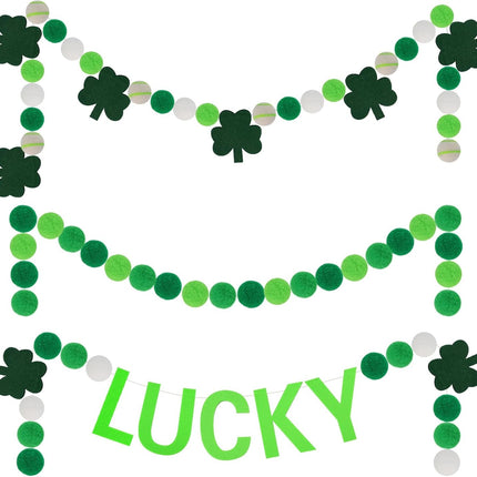 3PCS St Patrick's Day Felt Ball Garlands with Shamrock,Green/Dark Green/White Pom Pom Garland 6.6FT Felt Ball Garland Banner Hanging Decoration,Irish Themed Party Favors for Home Fireplace Mantle