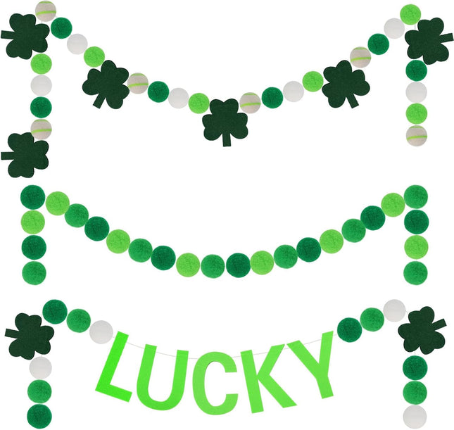 3PCS St Patrick's Day Felt Ball Garlands with Shamrock,Green/Dark Green/White Pom Pom Garland 6.6FT Felt Ball Garland Banner Hanging Decoration,Irish Themed Party Favors for Home Fireplace Mantle