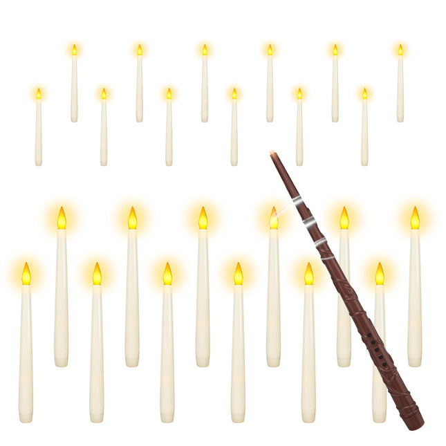 Pensar 20 Pieces Hanging Floating Candles with Remote Control Wands and Auxiliary Clips - Battery Powered Flameless Taper Candles, Flickering LED Candles for Christmas, Halloween, and Home Decorations
