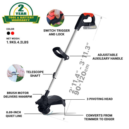 21V Weed Wacker Battery Powered, T TOVIA Cordless String Trimmer & Edger, 10 Inch Electric Weed Eater with 90 Degree Adjustable Head and Loop Handle, Telescoping Shaft, 2.0Ah Battery and Charger