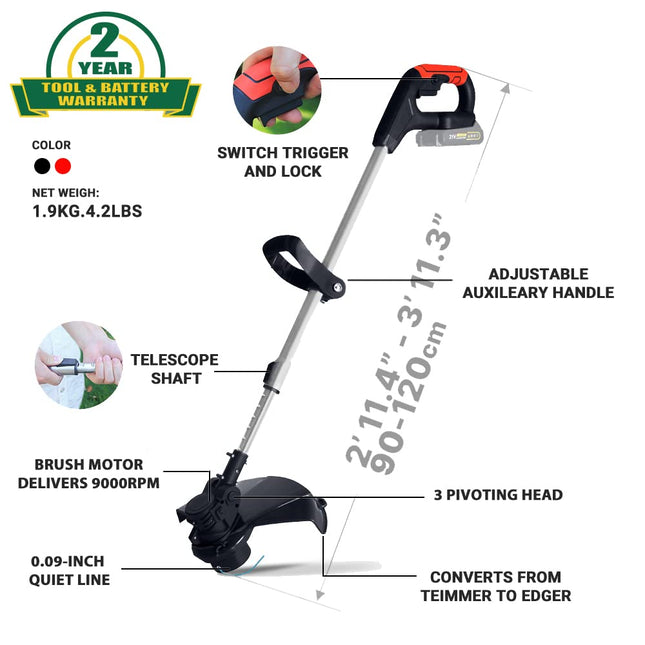 21V Weed Wacker Battery Powered, T TOVIA Cordless String Trimmer & Edger, 10 Inch Electric Weed Eater with 90 Degree Adjustable Head and Loop Handle, Telescoping Shaft, 2.0Ah Battery and Charger
