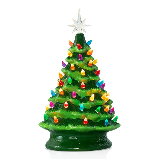 11 Inch Ceramic Christmas Tree, Lighted Tabletop Vintage Christmas Tree with Multicolored Lights and Star, Prelit Battery Operated Vintage Ceramic Tree for Office Table Holiday Decorations