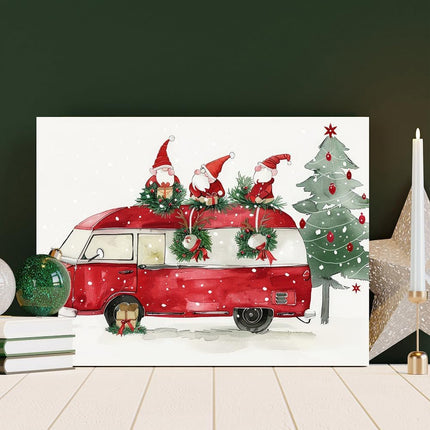 Christmas Gnome Bus Canvas Wall Art - Winter Snowing Christmas Painting - Framed 12 X 16 Inch Small Cute Christmas Pictures for Bathroom Kitchen Kids Room Home Office Decorations - Aesthetic Holiday