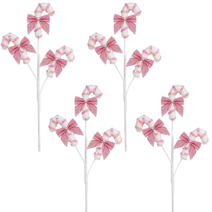 4Pcs Glitter Sequins Candy Cane Sprays with Bows Ornaments Christmas Tree Decorations Picks Striped Stems for Xmas Tree Topper Vase Fillers DIY Crafts Home Party Supplies 14 Inch Long (Pink & White)