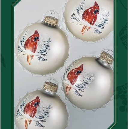 Glass Christmas Tree Ornaments - 67mm/2.625" [4 Pieces] Decorated Balls from Christmas by Krebs Seamless Hanging Holiday Decor (Velvet Oyster with Cardinal)