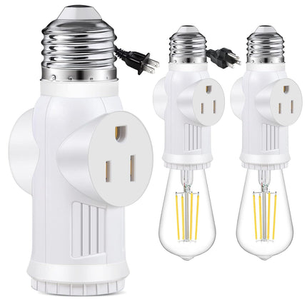 E26 Light Socket to Plug Adapter - 2 Pack 2/3 Prong Light Socket Outlet - Light Bulb Plug Adapter, Polarized Light Socket Adapter Splitter Converter for Garage Porch (White)
