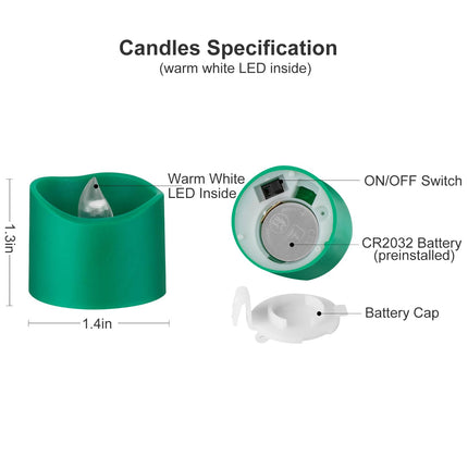 Green Base Warm White Flickering Flame Tea Lights, 6H Timer/Curved Edge Design, Battery Operated LED Flameless Tealight Candles for Party, Christmas and Holiday, Pack of 12