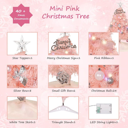 24 Inch 2 FT Pre-lit Mini Christmas Tree, DECSPAS Small Tabletop Pink Christmas Tree with LED Lights Hanging Ornaments and Tree Skirt Xmas Decorations for Holiday Party Home