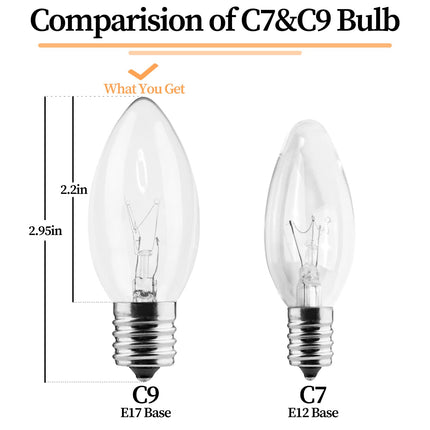 25 Pack C9 Bulbs Clear Replacement Bulbs Incandescent, C9 Christmas Light Bulbs for Christmas String Light, E17 Intermediate Base, 7 Watt, Clear