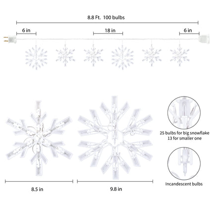 Snowflake Christmas String Lights with 6 Drops - 9ft 100 Mini Bulb Icicle Lights with Hooks, Plug-in Connectable Hanging Lights for Christmas Home Indoor Outdoor Party Wedding Holiday Décor (1 Pack)