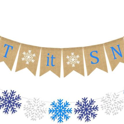 Doumeny Let It Snow Burlap Banner Winter Snowflake Garland Banner Xmas Be Merry Bunting Banner Blue White Snowflake Party Banner Merry Christmas Hanging Banner for Holiday Home Fireplace Mantel Decor