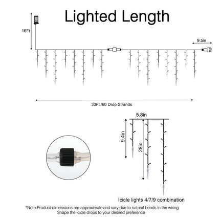 Icicle Lights Outdoor, 33 FT 400 LED Christmas Lights with 60 Drops, Waterproof Connectable Icicle Christmas Lights Outdoor with Remote and Timer, 8 Light Modes Christmas Decorations for Roofline