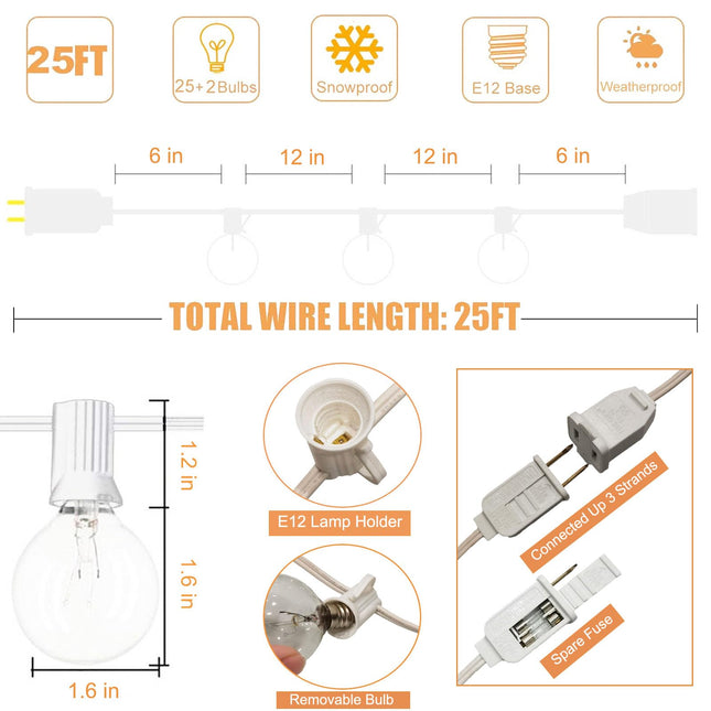 25FT Outdoor White String Lights with 27 Clear Bulbs, G40 Globe Patio String Lights for Indoor/Outdoor, Connectable Hanging Lights for Backyard Porch Balcony Party Decor - White Wire