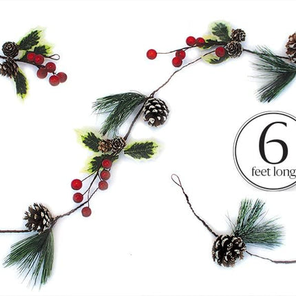 Winter Garland Christmas Decoration of Red Berries, Pine Cones, Holly & Evergreen Pine Needle – Unlit Holiday Berry Décor for Home, Kitchen, Bar & Fireplace & Decorative Outdoor Greenery 6 Ft Long