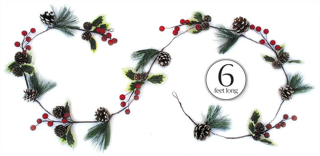 Winter Garland Christmas Decoration of Red Berries, Pine Cones, Holly & Evergreen Pine Needle – Unlit Holiday Berry Décor for Home, Kitchen, Bar & Fireplace & Decorative Outdoor Greenery 6 Ft Long