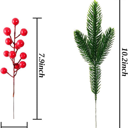 32PCS Artificial Pine Branches Christmas Holly Berries Artificial Red Berry Stems for Christmas Wreath Decorations Xmas Tree Decoration