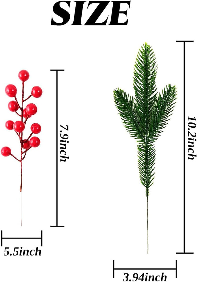 32PCS Artificial Pine Branches Christmas Holly Berries Artificial Red Berry Stems for Christmas Wreath Decorations Xmas Tree Decoration