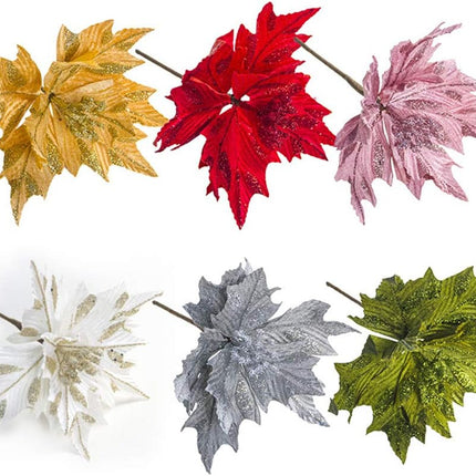 6pcs Silk Poinsettias Artificial Christmas Flowers Glitter Poinsettia Christmas Tree Ornaments Artificial Wedding Christmas Tree Flower Wreath Decorations Picks White