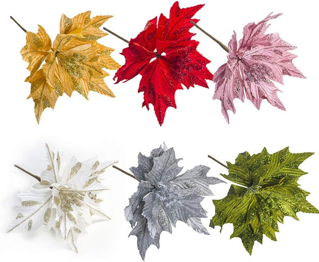 6pcs Silk Poinsettias Artificial Christmas Flowers Glitter Poinsettia Christmas Tree Ornaments Artificial Wedding Christmas Tree Flower Wreath Decorations Picks White