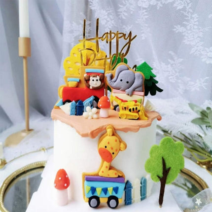 Forest Animal Train Cake Toppers - Set of 14 - Handmade Clay Monkey,Giraffe,Elephant Train, Tree, Clouds, Sun and Happy Birthdany Cake Topper