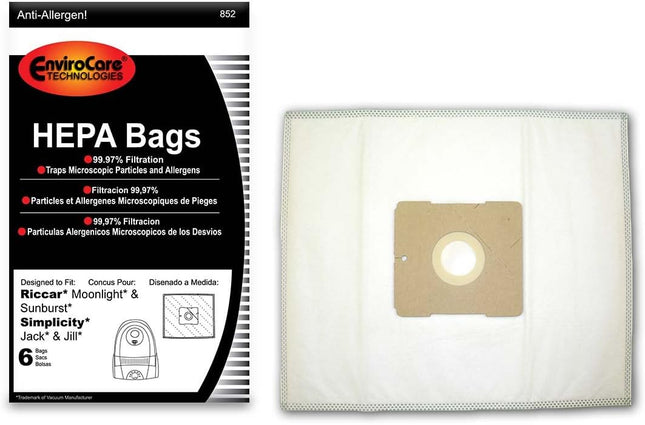 Envirocare Hepa Filtration Vacuum Cleaner Dust Bags Made To Fit Riccar Moonlight And Sunburst. Simplicity Jack And Jill Canisters 6 Pack