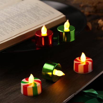 MTLEE 24 Pack Christmas Tealights Candles LED Flameless Tea Lights Candy Cane Striped Red Green Tealight Warm Yellow Tealight Votive Candles for Parties, Weddings, Birthdays and Home Decor