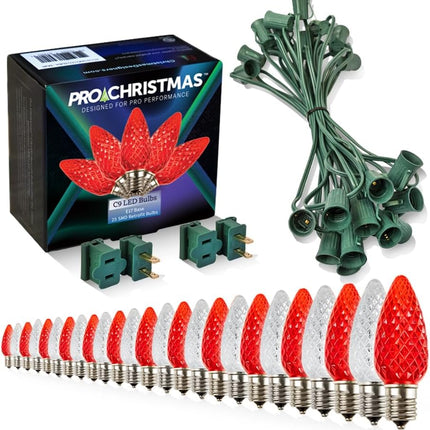 Pro Christmas C9 LED Christmas Lights Kit for Rooflines & Pathways – Cut to Length, Heavy Duty Commercial Grade (Green Wire w/Vampire Plugs, 25 Bulbs, 25 ft) Pure White & Red