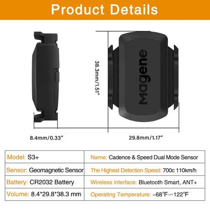 Magene S3+ Cycling Cadence Or Speed Sensor - ANT+ and Bluetooth 4.0 Compatible - Wireless Sensor for Bikes - Compatible with Zwift, Garmin, & More