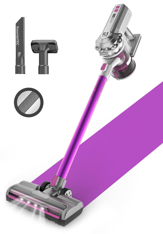 Roomie Tec R3 Cordless Stick Vacuum Cleaner, Fadeless Suction Power For Floor And Carpet, Up To 43 Min Powerful Battery, Bagless, Large Capacity, Extra Wide Roller, Led Headlights, And Hepa Filtration