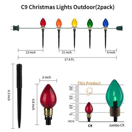 2 Pack C9 Christmas Pathway Lights Outdoor Total 34.8 Ft 20 Lights Waterproof Connectable Walkway Lights for Yard Ground Sidewalk Driveway Christmas Decorations