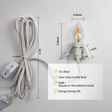 4 Pack Accessory Cord with LED Night Light Bulbs - White Cord with On/Off Switch Plugs - C7 led Bulb Warm White with Spare Fuse, for Holiday Decoration and Craft Village House Decoration
